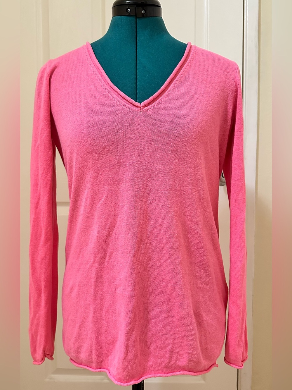 J. Crew Sz XS Pink V-Neck Linen Blend Beach Sweater Long Sleeve Lightweight Boho